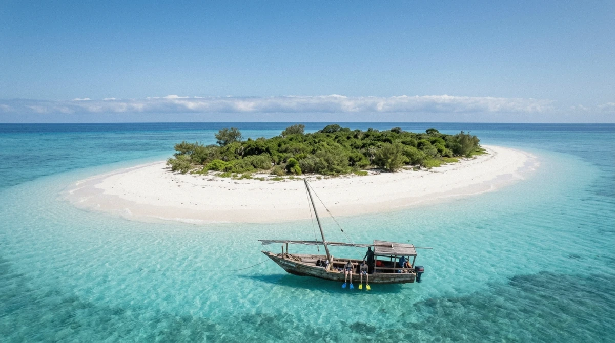 Mnemba Island seen from the water with a snorkeling boat anchored over the reef off the northeast coast of Zanzibar