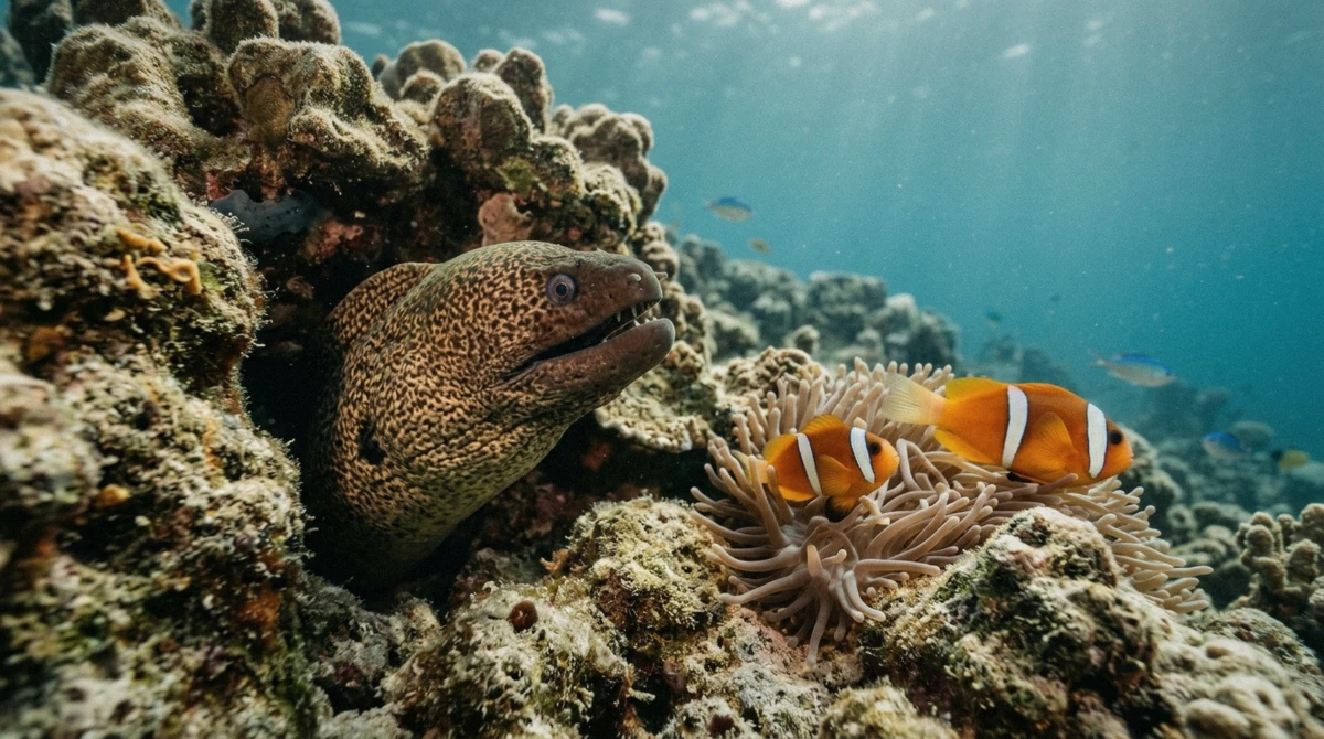 Moray eel and clownfish among coral in the shallow water of the Mnemba Island marine conservation area, Zanzibar